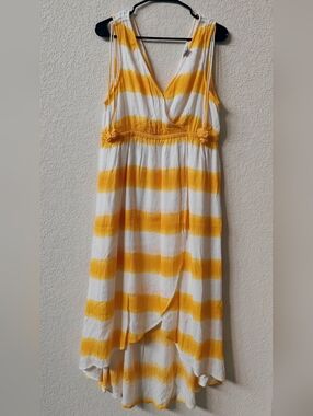 Tommy Bahama Yellow Striped Gauze Dress M Tassel Shoulder Tie Rayon Midi V-Neck